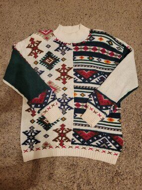 90s Vintage Accordeon Sweater Heavyweight Geometric Winter Holiday Womens Medium